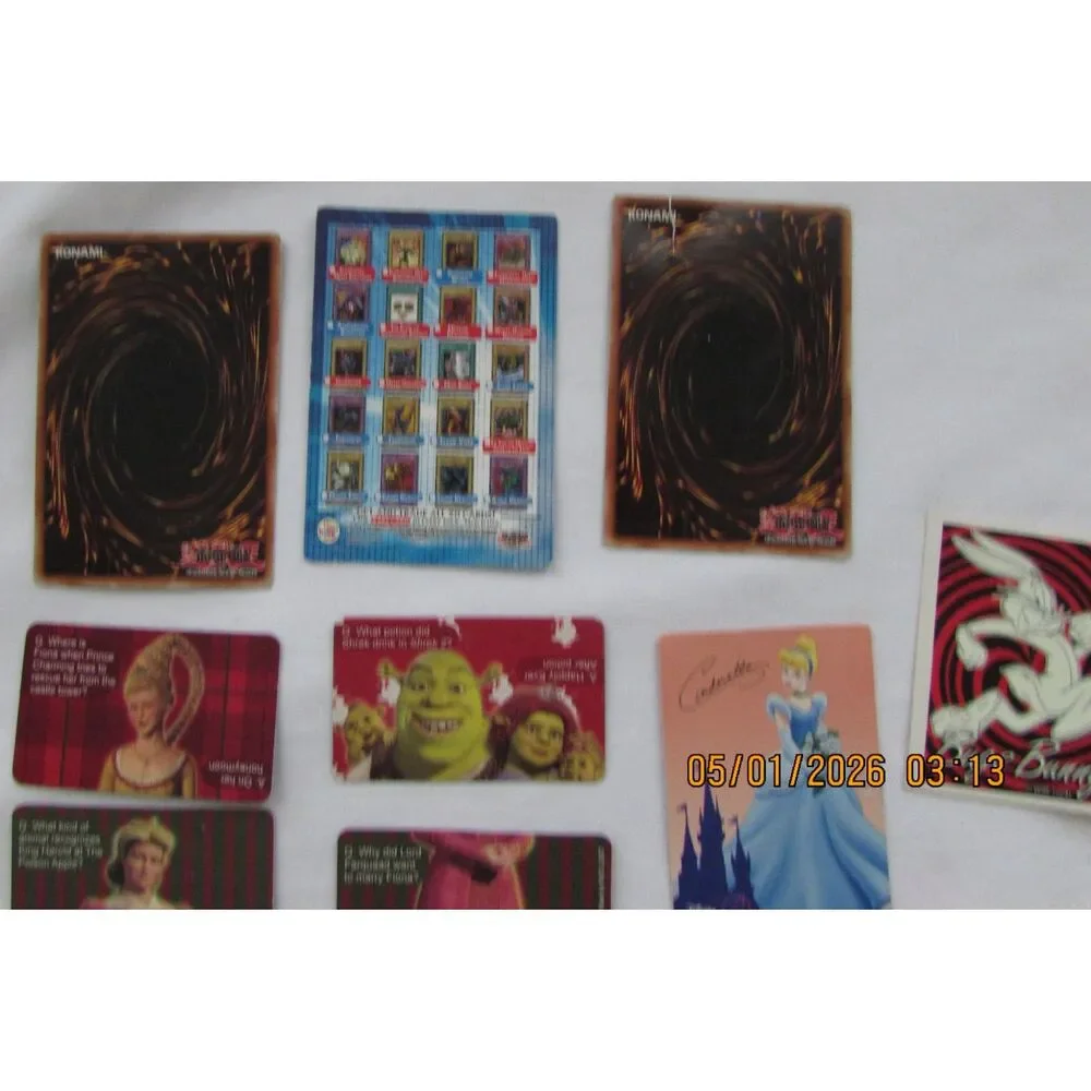 Vintage Yu-Gi-Oh cards, Shrek cards, Crackerjack cards, Bugs Bunny, Taz stickers